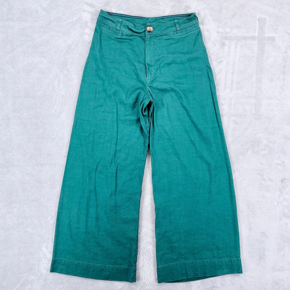 Maeve Ettie Linen Wide Leg Crop Pants Women 6 Teal Green High Rise Trouser Ankle